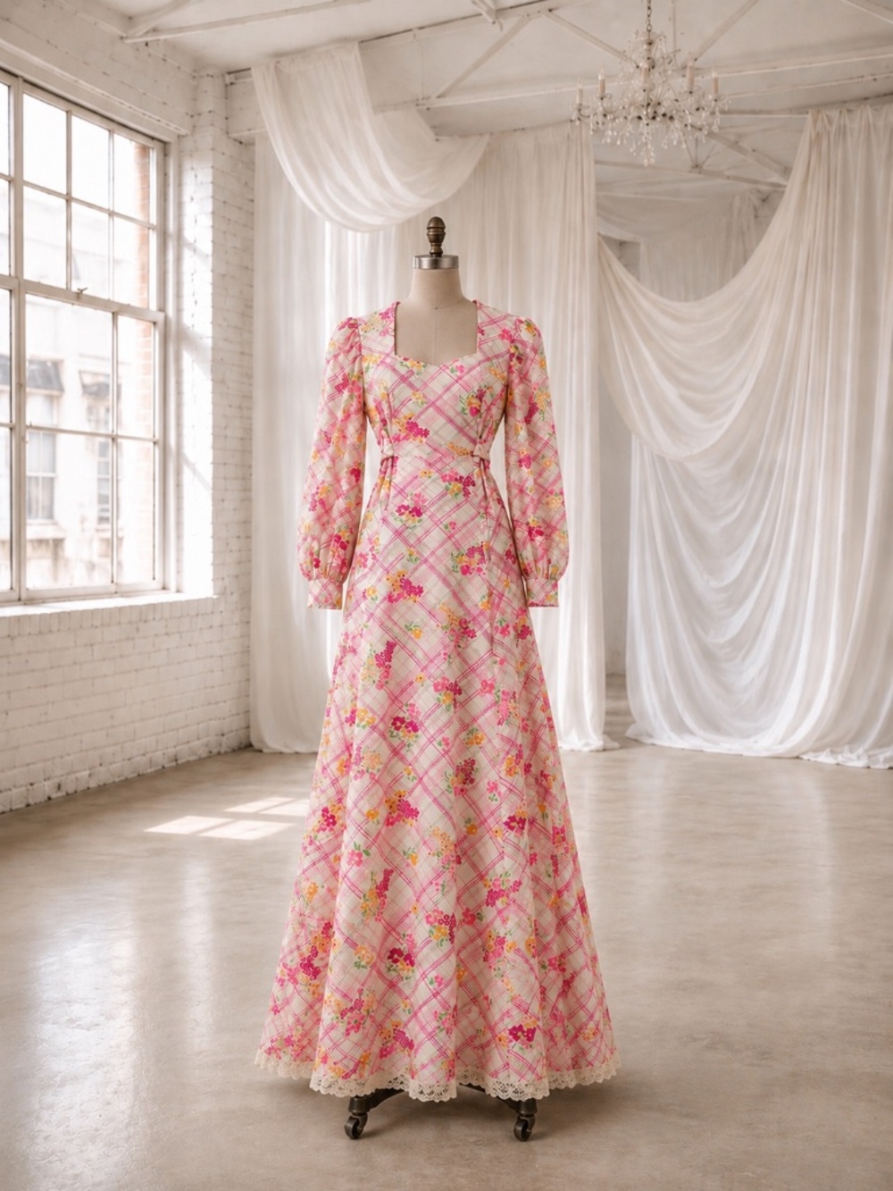 Vintage 70s Prairie Cottagecore Sweetheart Plaid Floral Maxi with Lace Trim S/M